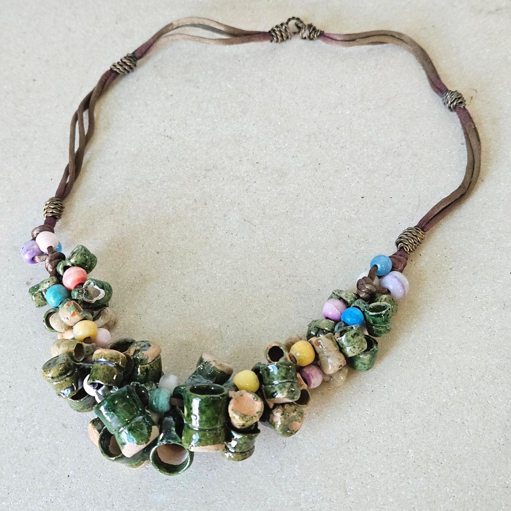 Artisan Handmade Ceramic Miniatureβ Mug Statement Necklace Green Boho Whimsical